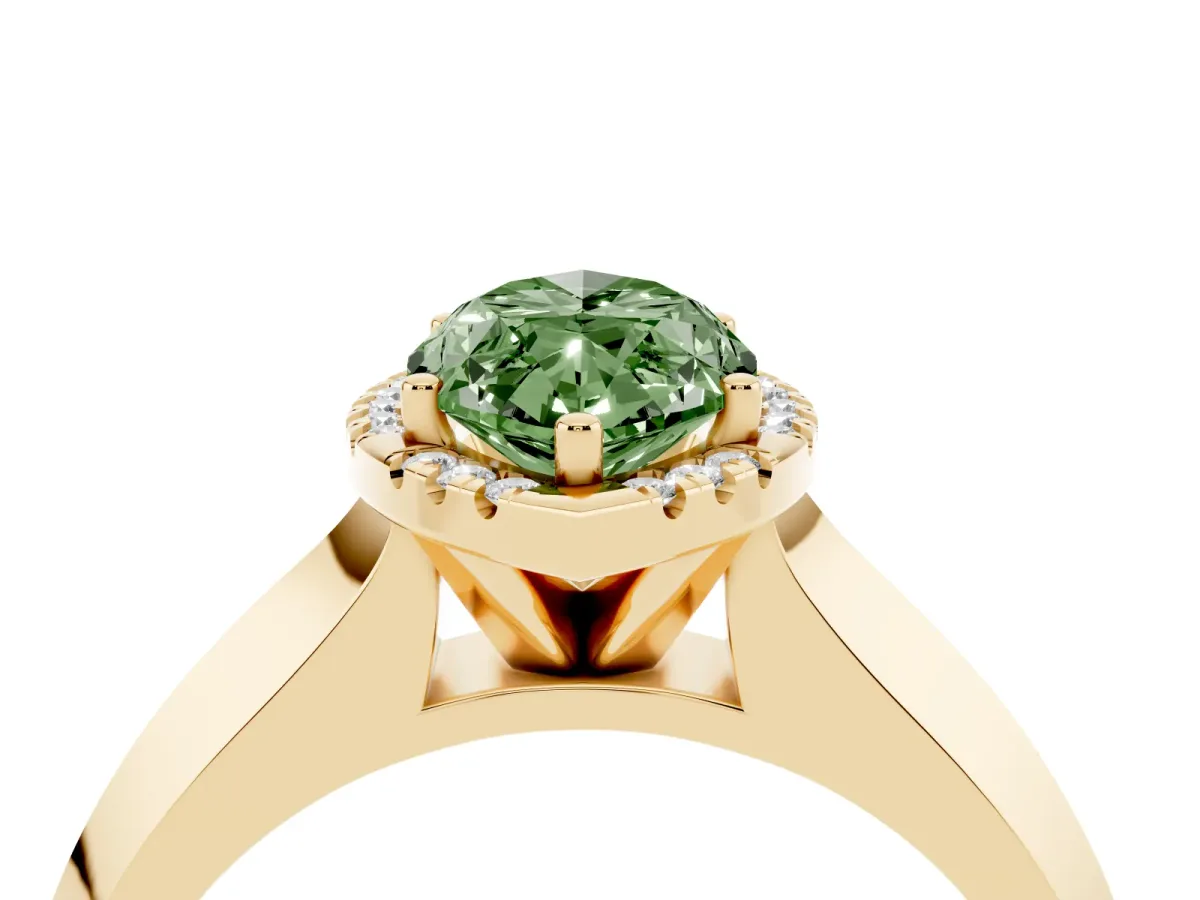 Fancy Green Marquise Cut Halo Diamond Ring with Cathedral Band and Four-Prong Setting Yellow gold