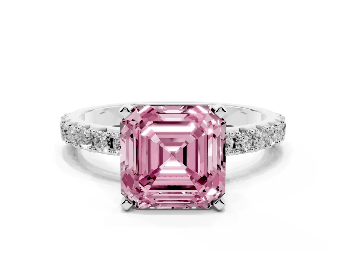 Fancy Pink Asscher Cut Diamond Solitaire Pavé Band with Four-Prong Setting Silver