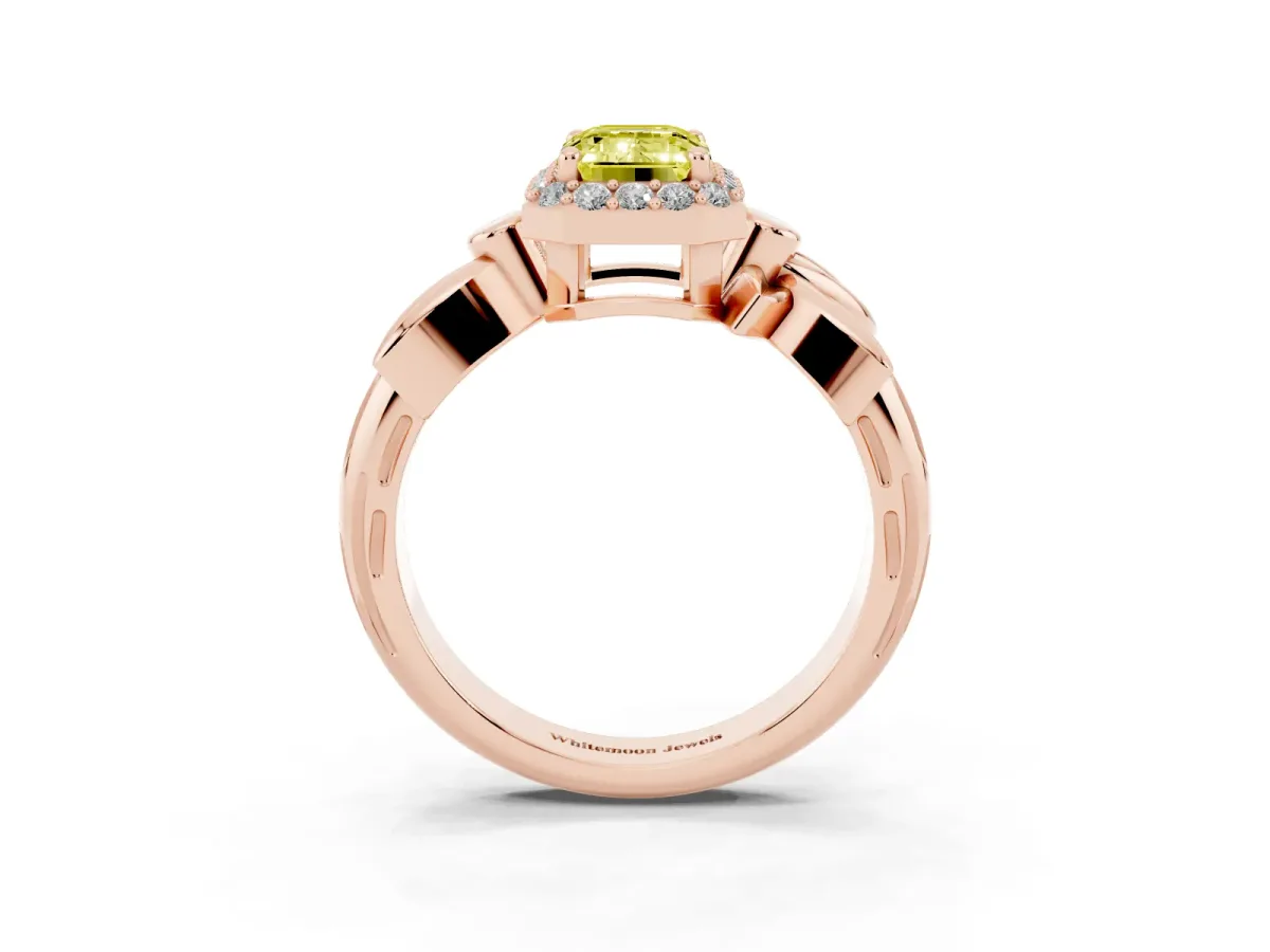Fancy Yellow Emerald Cut Halo Diamond Floral Band with Four-Prong Setting Rose gold