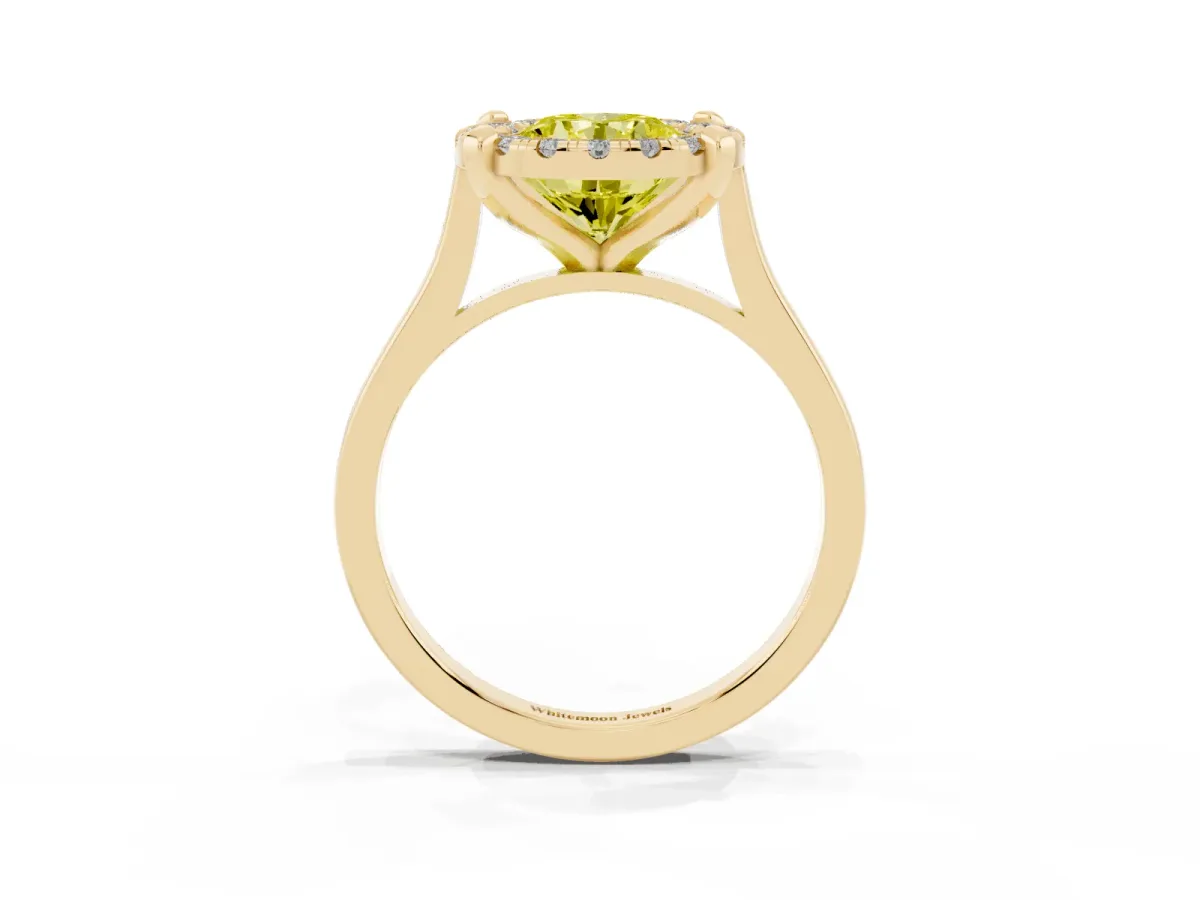 Fancy Yellow Round Cut Diamond Cluster Halo Solitaire with Four-Prong Setting Yellow gold