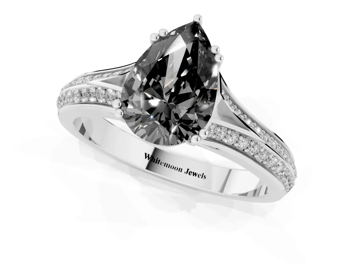 Fancy Black Pear Cut Diamond Split Shank Engagement Ring with Pavé Band Silver