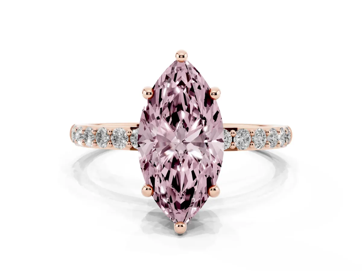 Fancy Pink Marquise Cut Diamond Solitaire Ring with Round Pavé Band and Prong Setting Rose gold