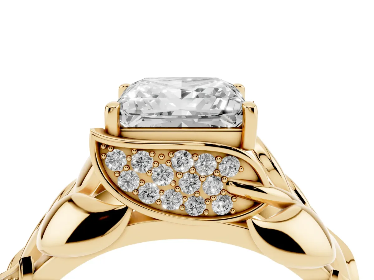 Princess Cut Diamond Leaf-Inspired Engagement Ring with Round Accents and Prong Setting Yellow gold