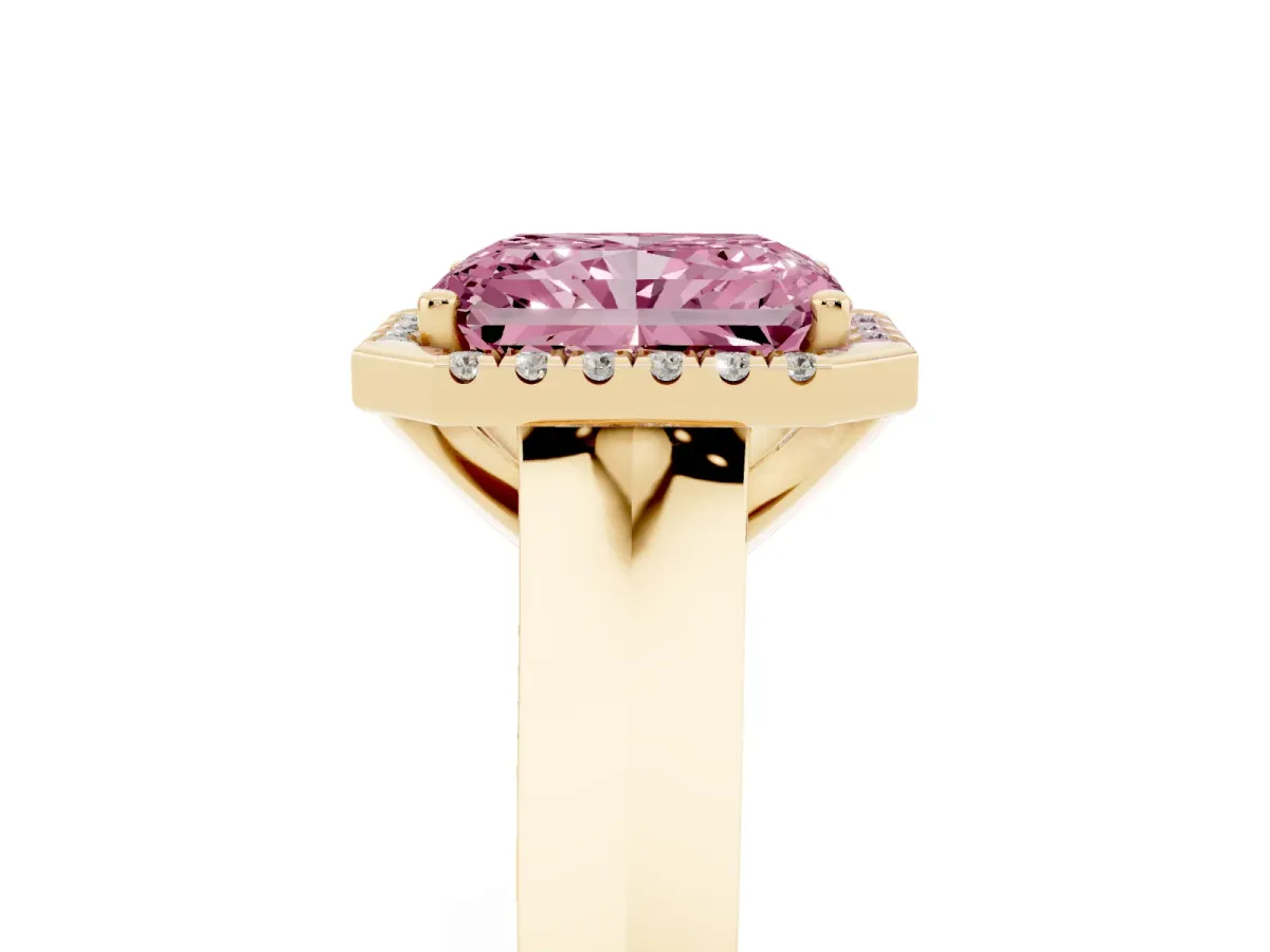 Fancy Pink Radiant Cut Halo Diamond Ring with Cathedral Band and Four-Prong Setting Yellow gold