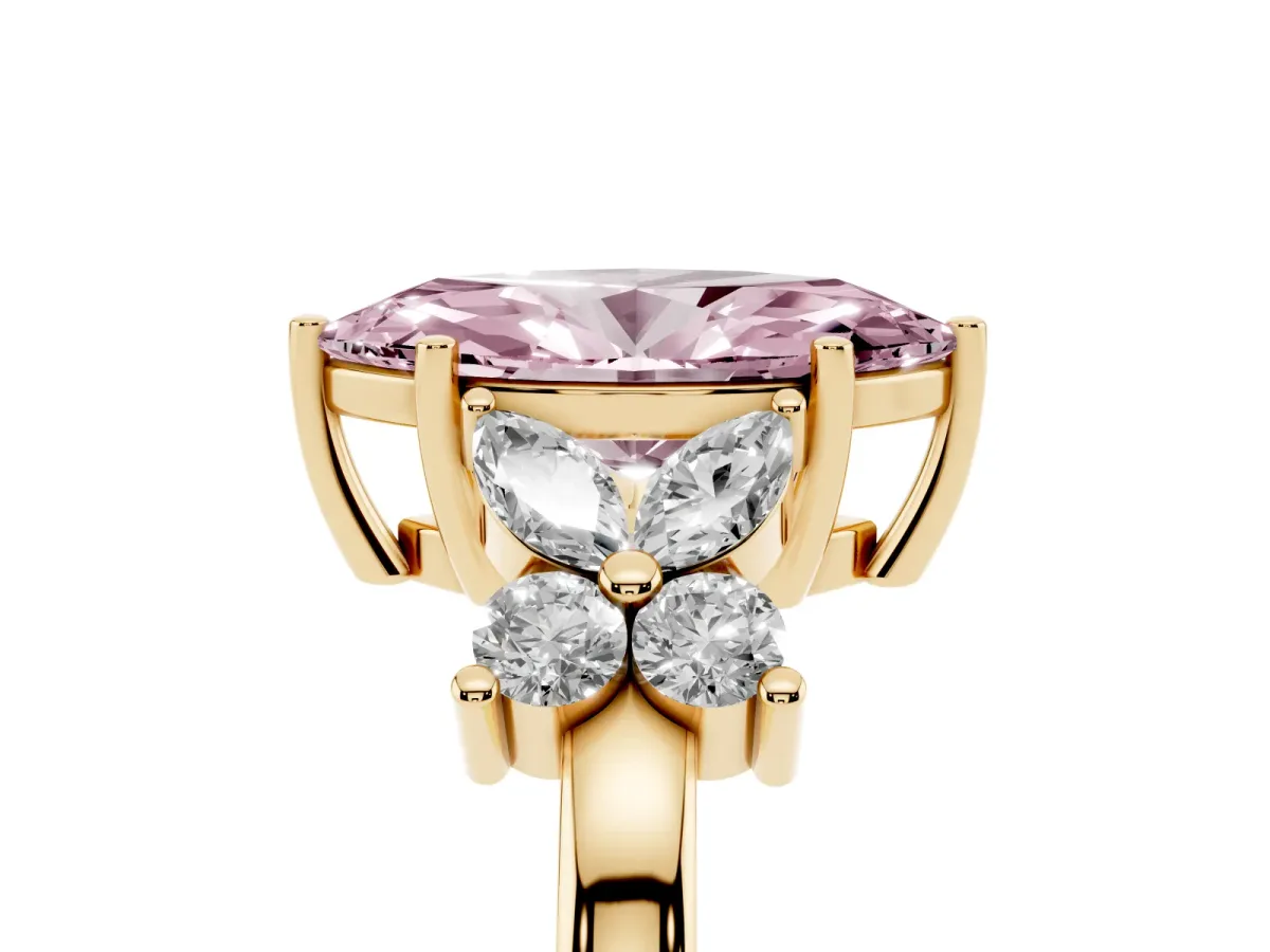 Fancy Pink Marquise Cut Diamond Floral Cluster Ring with Solitaire Band and Prong Setting Yellow gold