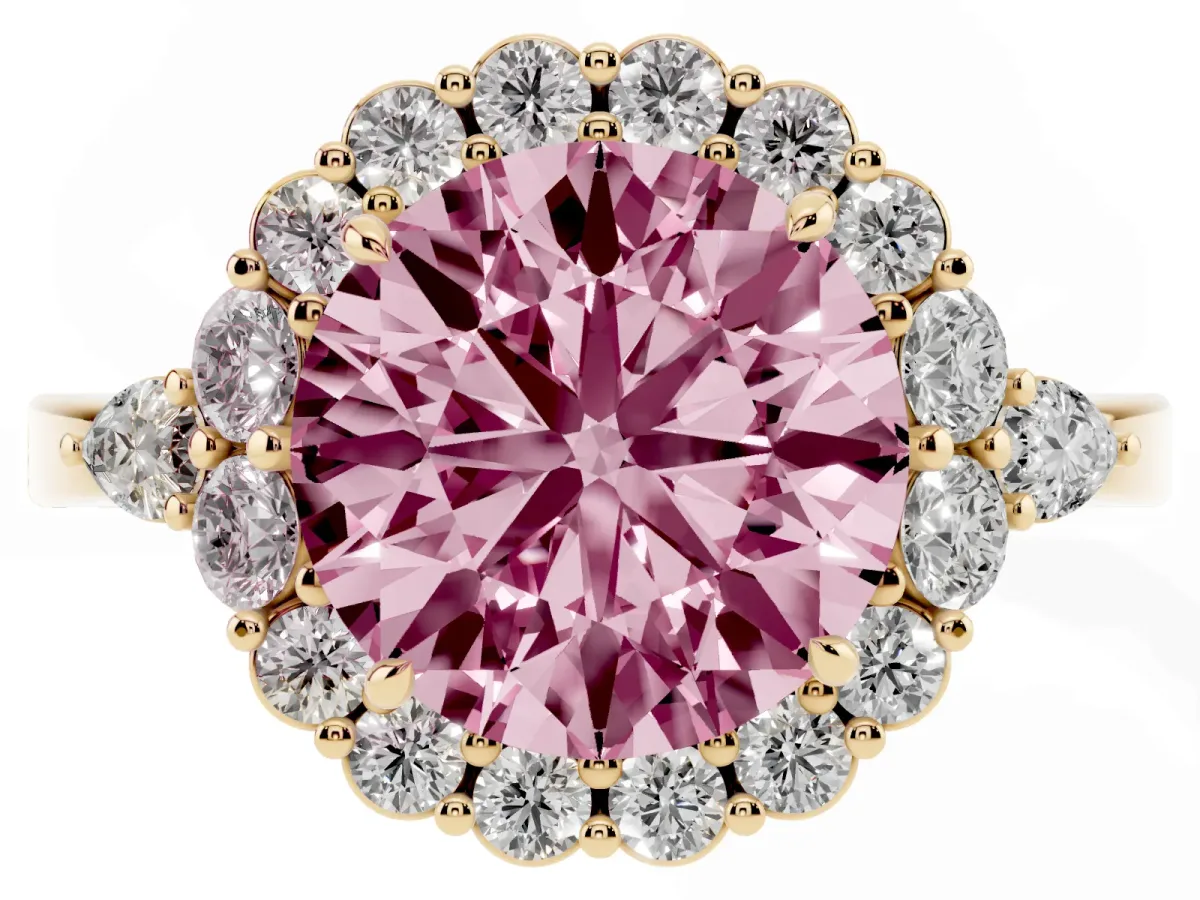 Fancy Pink Round Cut Diamond Halo Ring with Pear Side Stones and Prong Setting Yellow gold