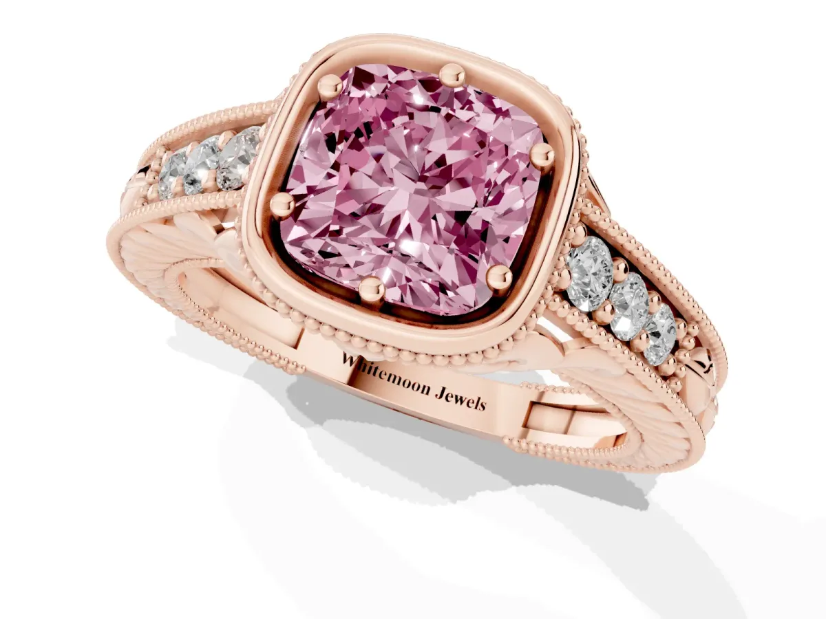 Fancy Pink Bezel Set Cushion Cut Diamond Milgrain Pave Engagement Ring Rose gold