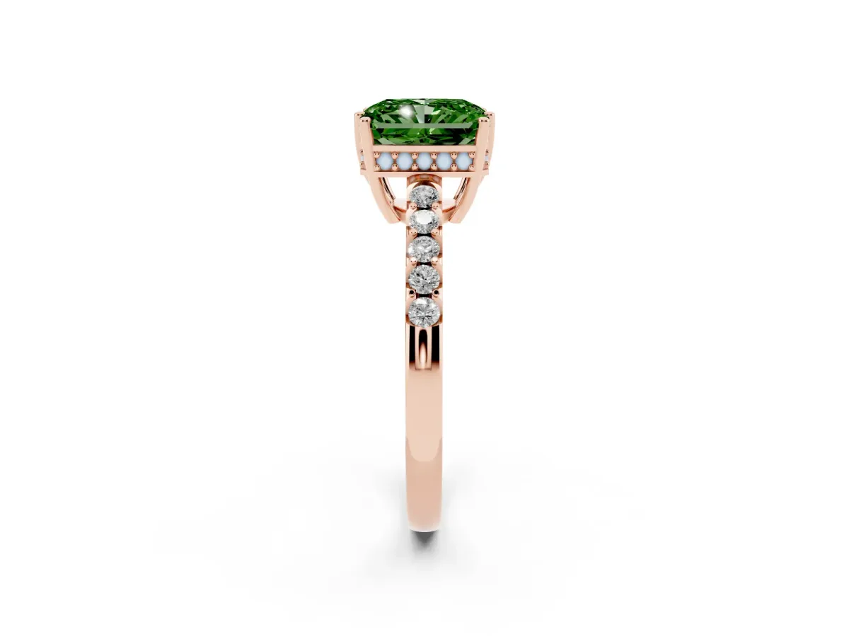 Fancy Green Radiant Cut Solitaire Diamond Engagement Ring with Pavé Band and Six-Prong Setting Rose gold