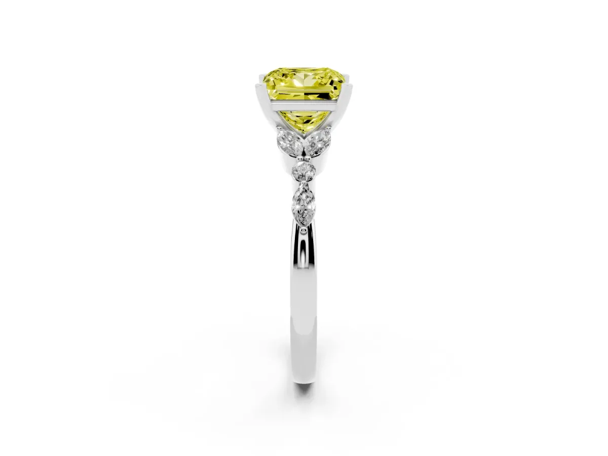 Fancy Yellow Princess Cut Diamond Solitaire Ring with Side Stones and Four-Prong Setting Silver