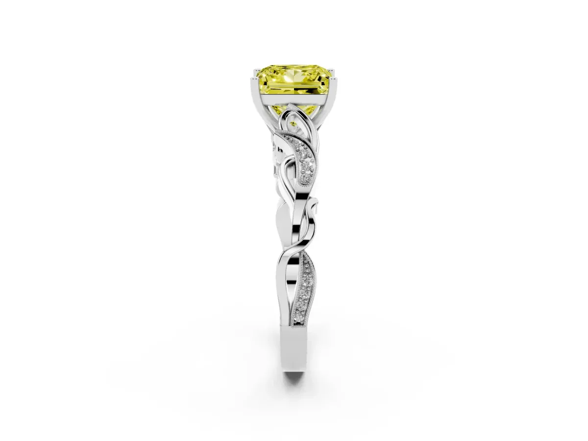 Fancy Yellow Princess Cut Solitaire Vine Band with Milgrain Prong Setting Silver
