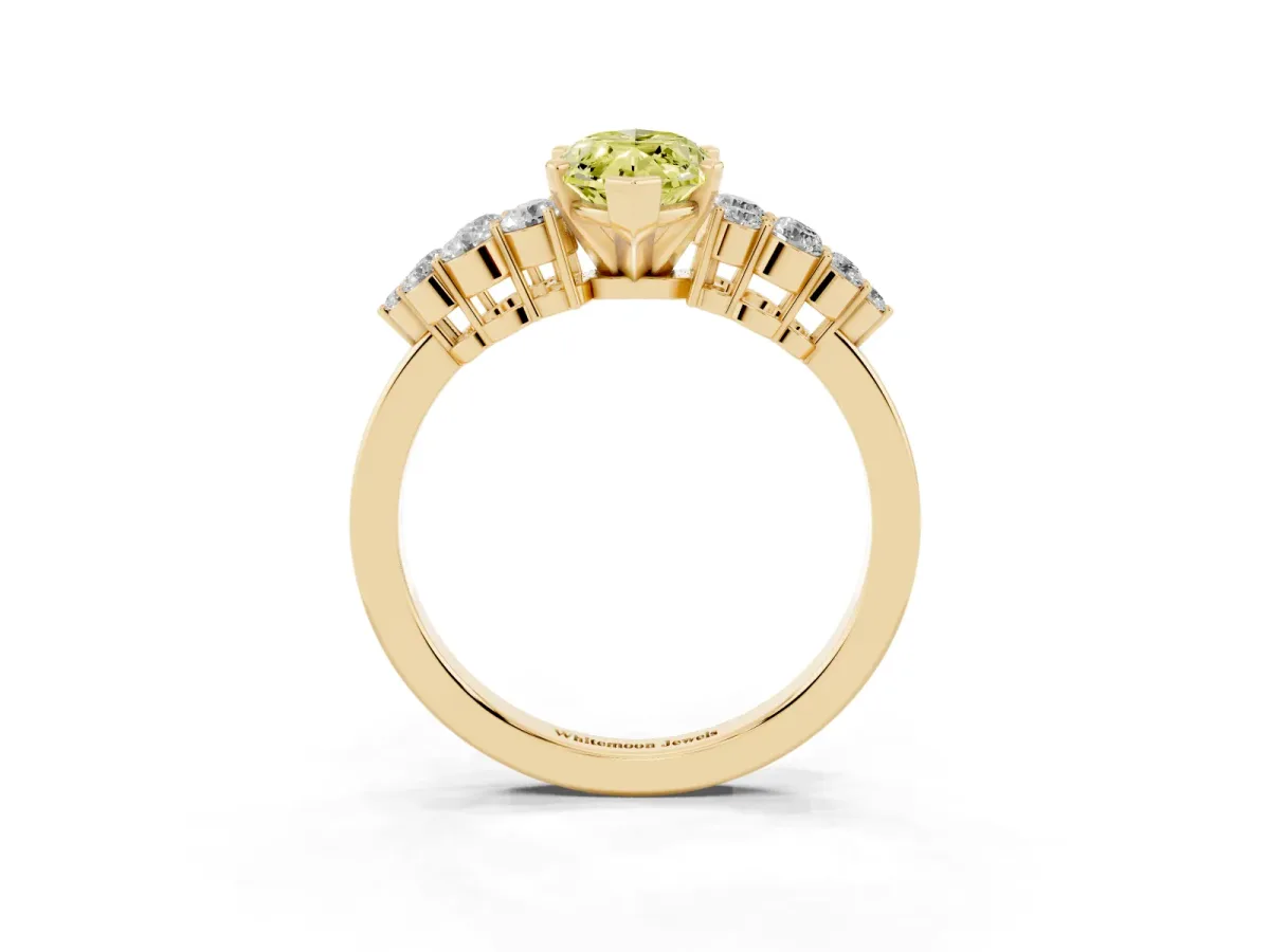 Fancy Yellow Marquise Cut Cluster Diamond Engagement Ring with Pavé Band and Four-Prong Setting Yellow gold