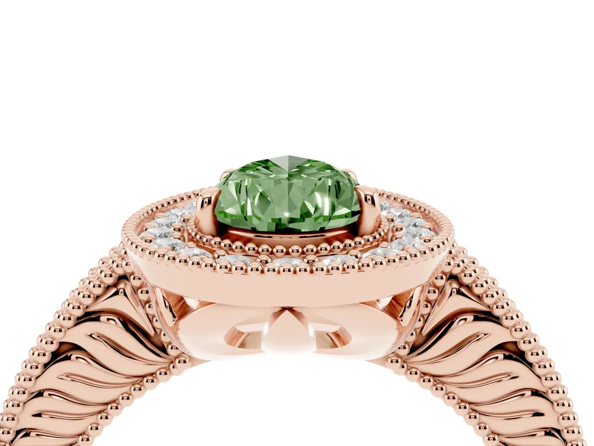 Fancy Green Pear Cut Cut Halo Diamond Ring with Pavé Band and Four-Prong Setting Rose gold