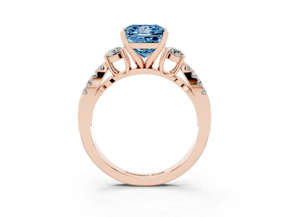 Fancy Blue Princess Cut Diamond Three-Stone Ring with Pavé Split Shank and Four-Prong Setting Rose gold