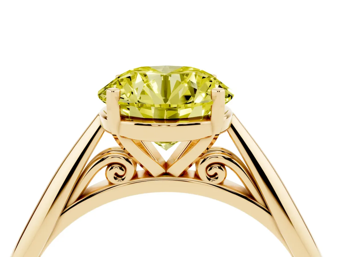 Fancy Yellow Round Cut Diamond Solitaire Engagement Ring with Cathedral Setting and Four-Prong Mount Yellow gold