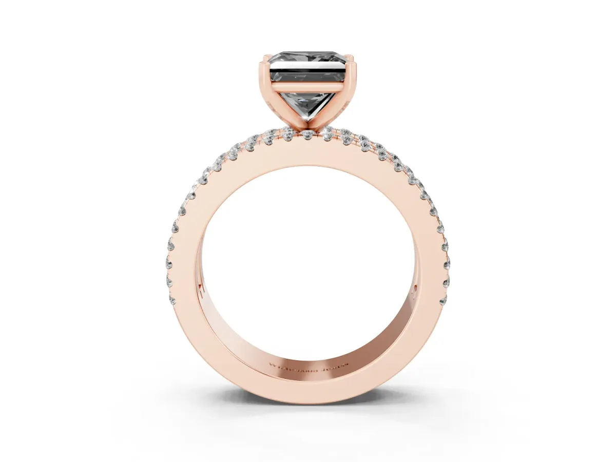 Fancy Black Princess Cut Diamond Solitaire Ring with Pavé and Channel Set Band Rose gold