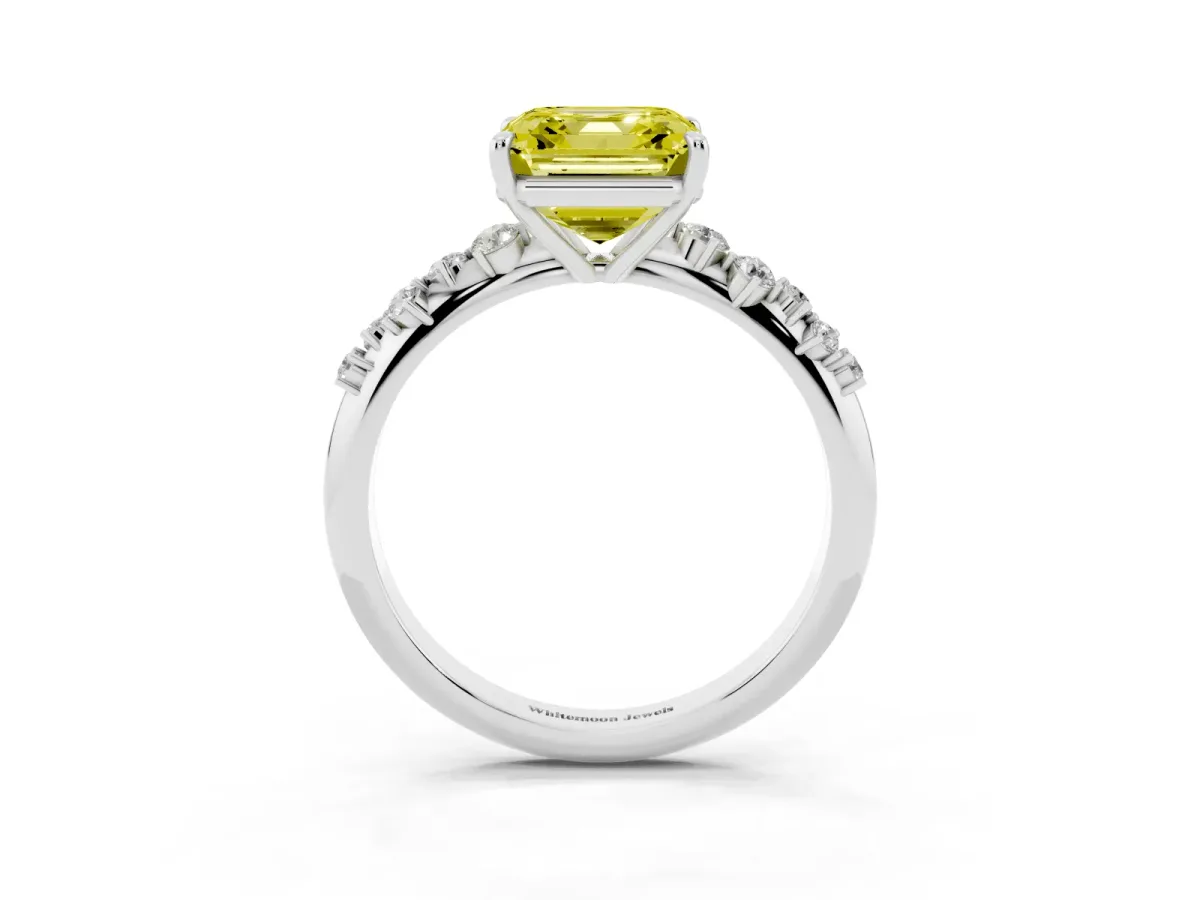 Fancy Yellow Asscher Cut Diamond Cluster Side Stone Solitaire Ring with Prong Setting Platinum
