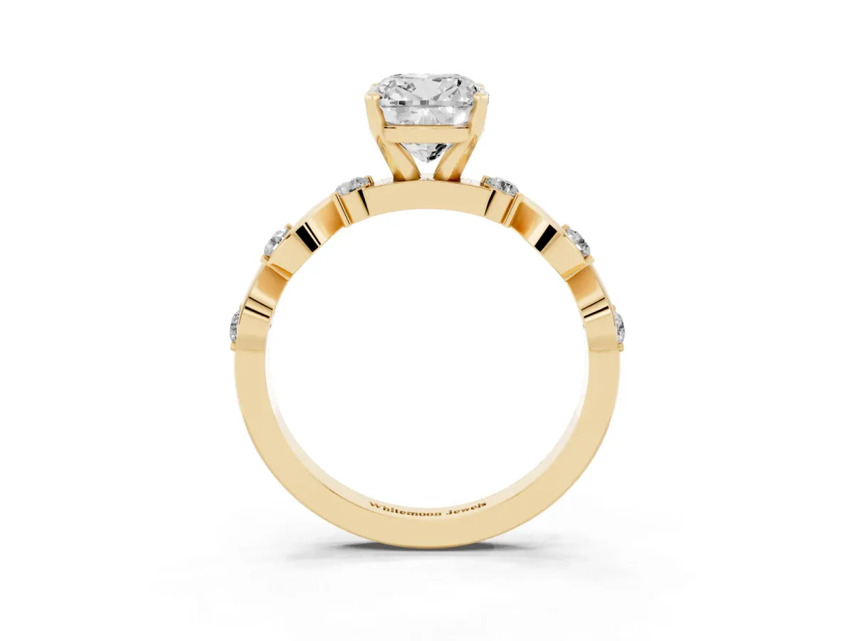 Cushion Cut Diamond Solitaire Twisted Band with Round Accents and Prong Setting Yellow gold