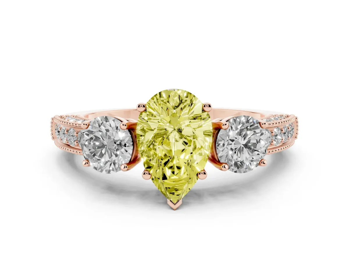 Fancy Yellow Pear Cut Three-Stone Diamond Ring with Pavé Band and Four-Prong Setting Rose gold
