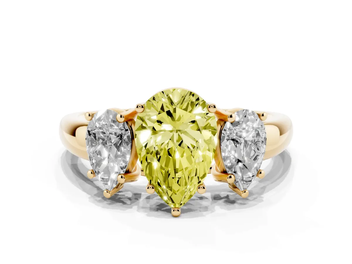 Fancy Yellow Three-Stone Pear Cut Diamond Engagement Ring with Prong Setting Yellow gold