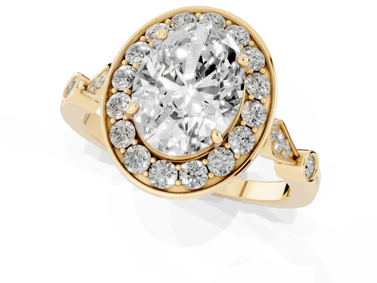 Oval Cut Halo Diamond Engagement Ring with Twisted Band and Four-Prong Setting Yellow gold