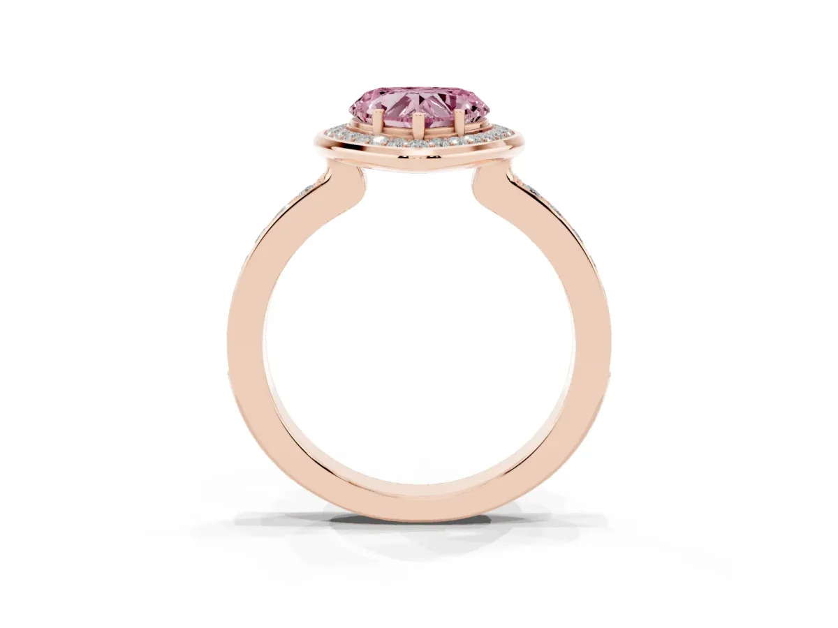 Fancy Pink Heart Cut Diamond Halo Ring with Bezel Frame and Pavé Band Rose gold