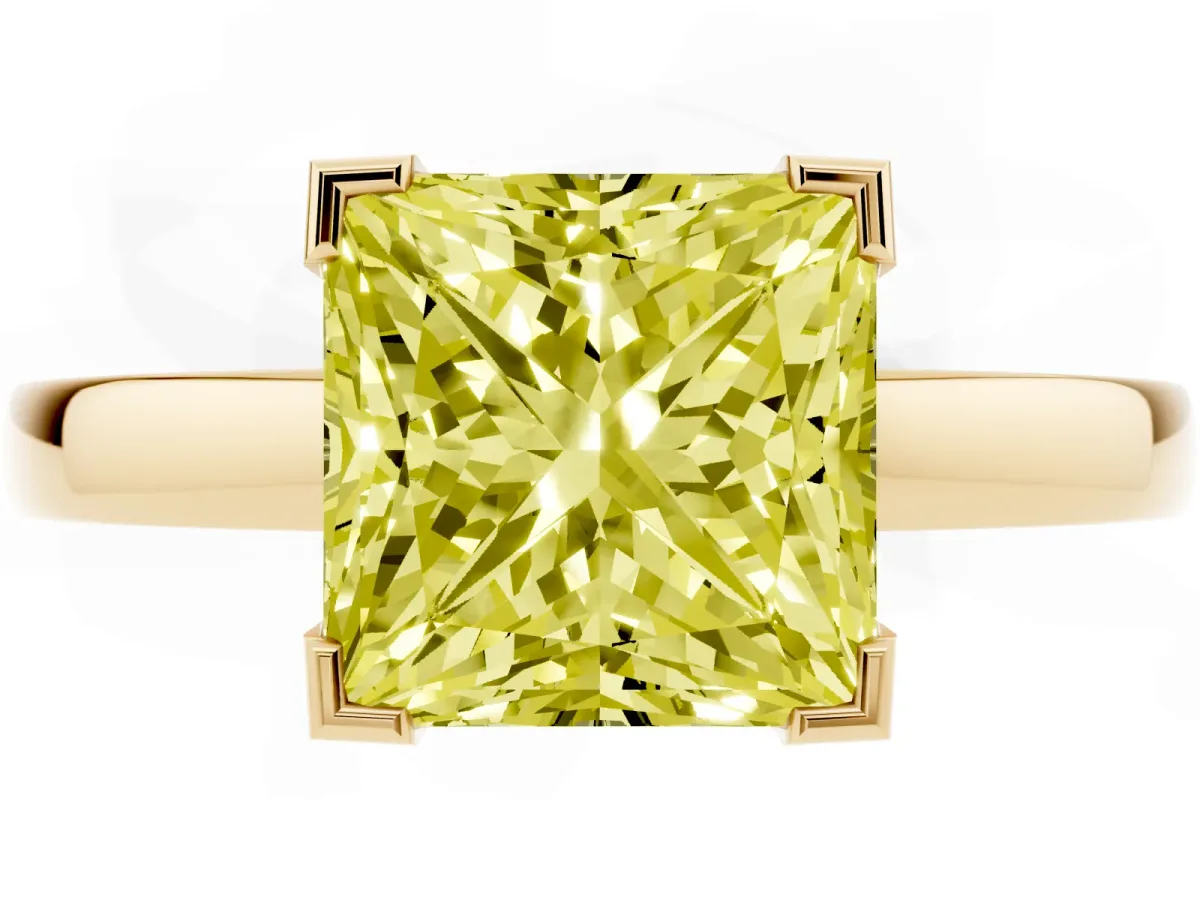 Fancy Yellow Princess Cut Cut Solitaire Ring with Four-Prong Setting and Classic Band Yellow gold