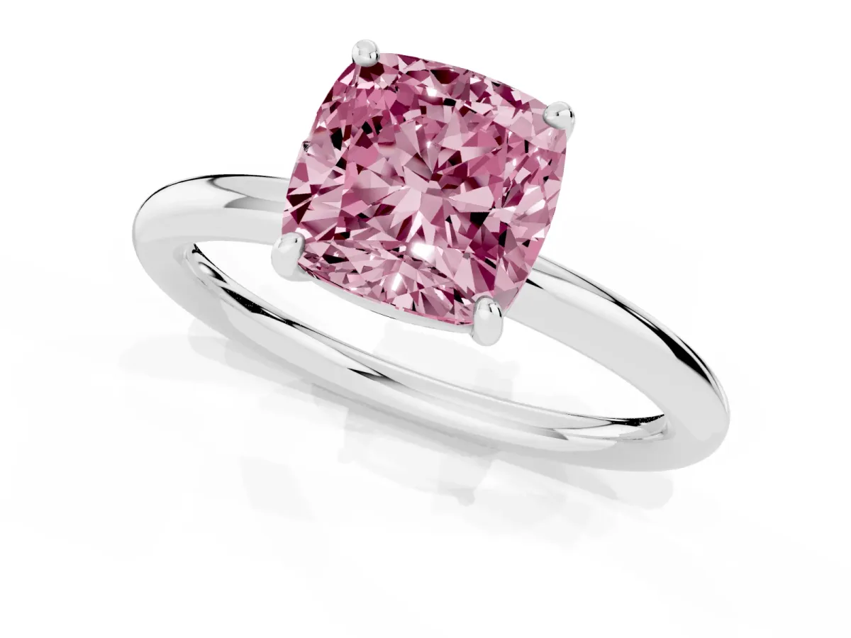Fancy Pink Cushion Cut Solitaire Diamond Ring with Four-Prong Setting on a Plain Band Silver