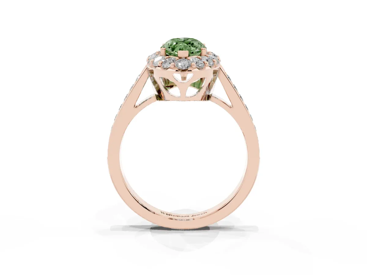 Fancy Green Marquise Cut Diamond Floral Halo Ring with Pavé Band and Prong Setting Rose gold