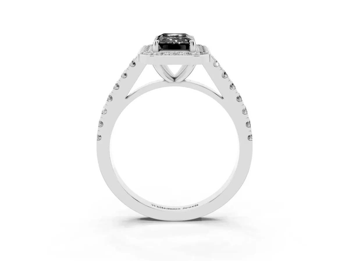 Fancy Black Emerald Cut Diamond Halo Ring with Round Pavé Split Shank and Prong Setting Platinum
