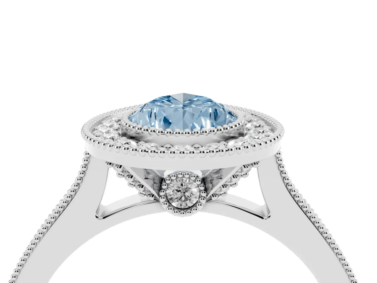 Fancy Blue Halo Pear Cut-Cut Diamond Pave Band Milgrain Prong Setting Ring Silver