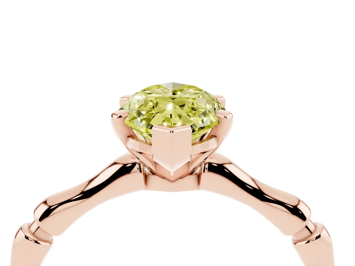 Fancy Yellow Marquise Cut Solitaire Diamond Ring with Bamboo Band and Four-Prong Setting Rose gold
