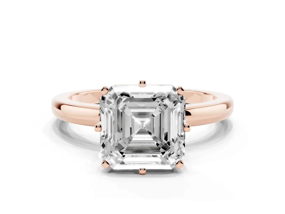 Asscher Cut Solitaire Diamond Ring with Six-Prong Setting on a Classic Band Rose gold