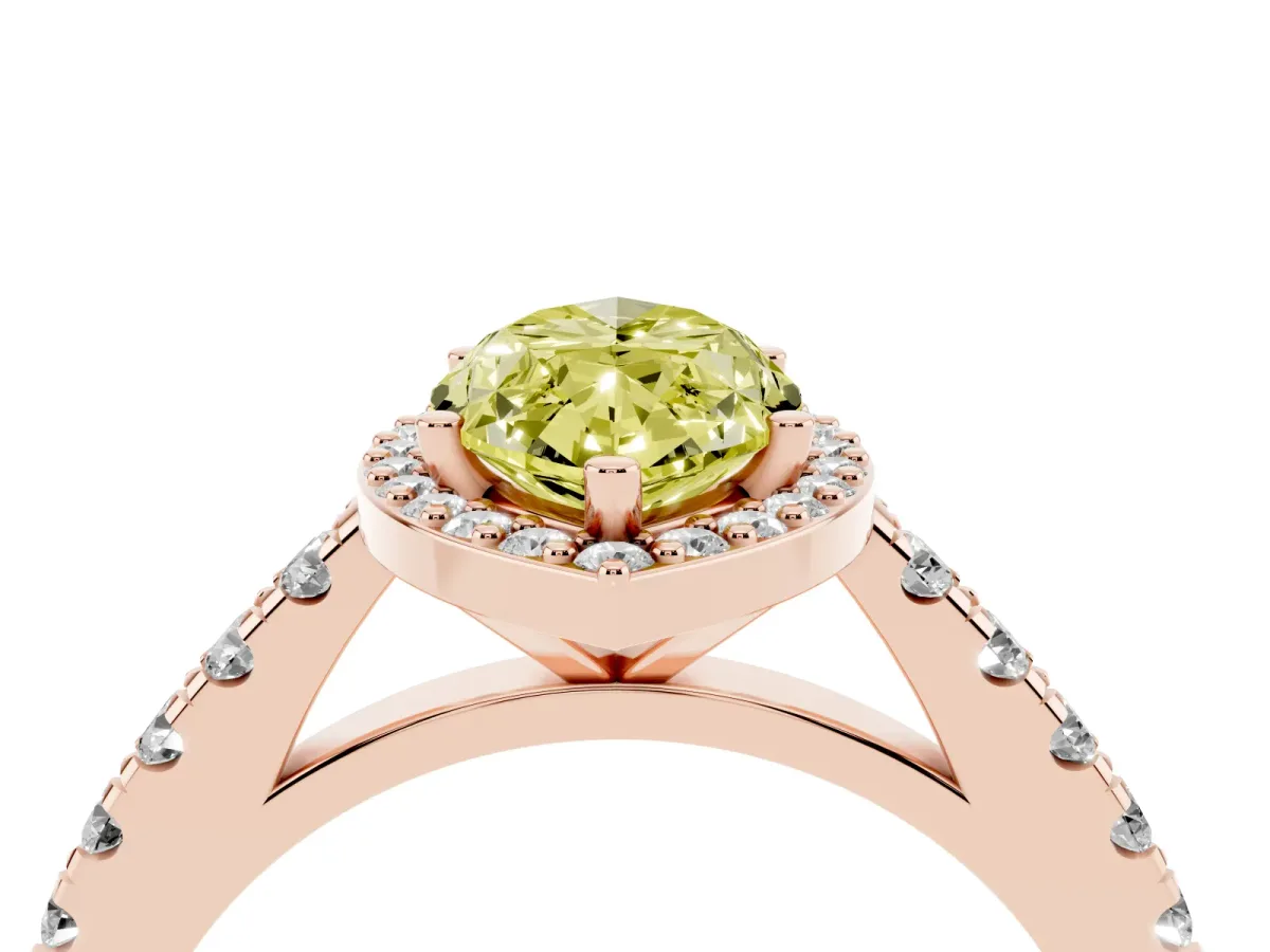 Fancy Yellow Marquise Cut Cut Halo Diamond Engagement Ring with Pave Band and Four-Prong Setting Rose gold