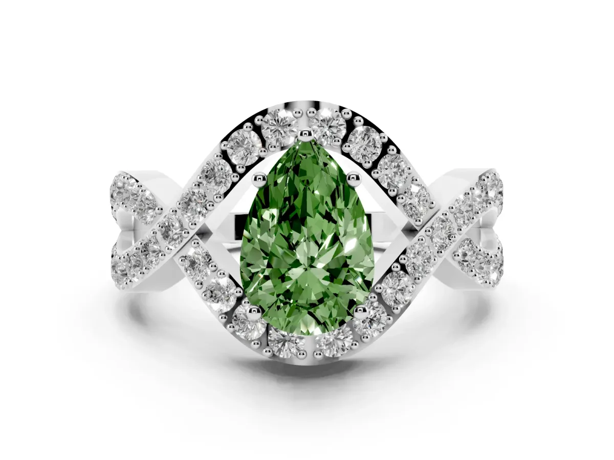Fancy Green Pear Cut Solitaire Twist Band Pavé Diamond Engagement Ring Silver