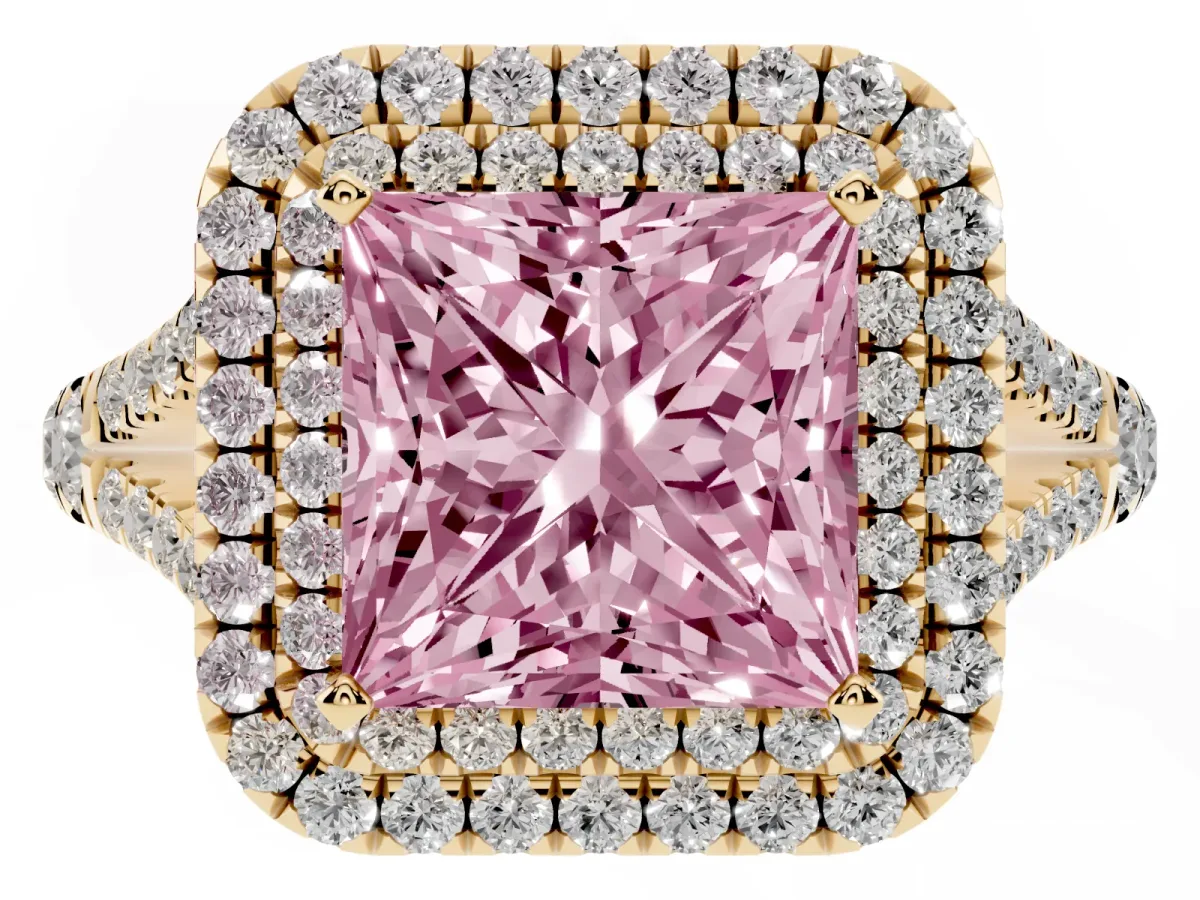 Fancy Pink Princess Cut Diamond Double Halo Ring with Split Shank and Prong Setting Yellow gold