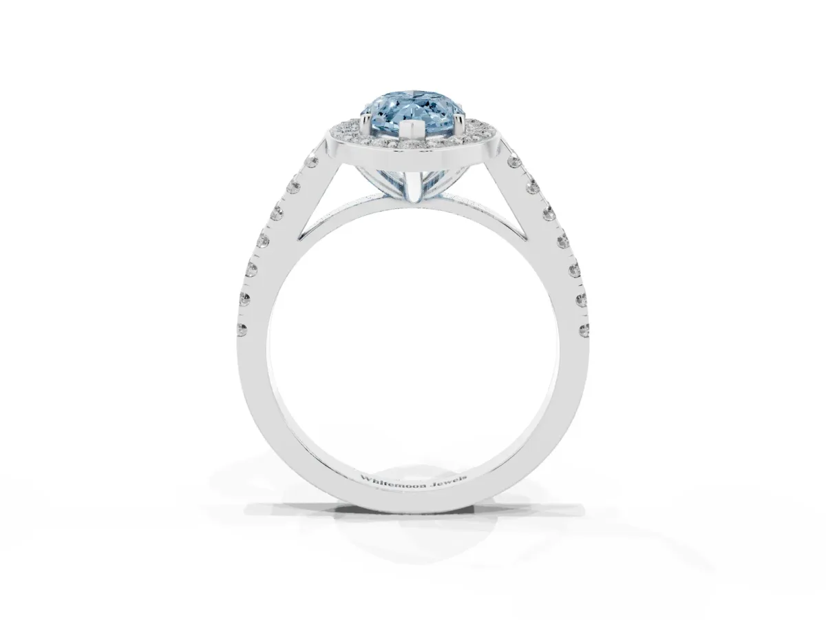 Fancy Blue Marquise Cut Diamond Halo Ring with Round Pavé Split Shank and Prong Setting Silver