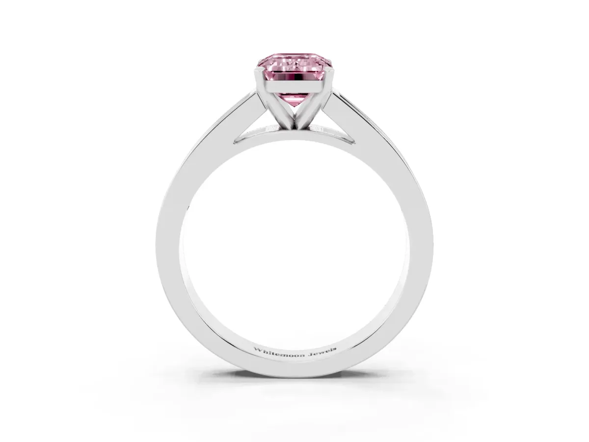 Fancy Pink Emerald Cut Solitaire Diamond Ring with Channel-Set Band and Four-Prong Setting Platinum