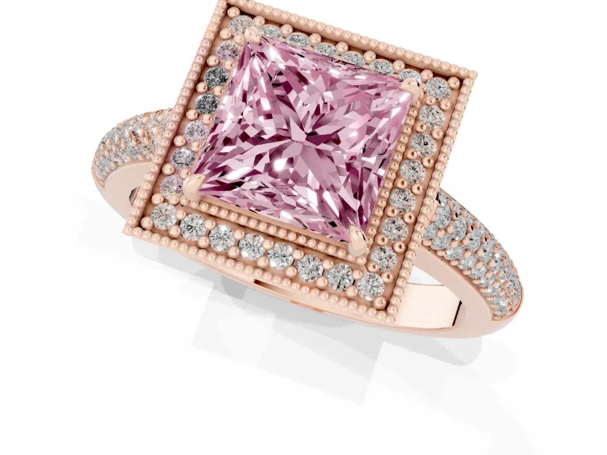 Fancy Pink Princess Cut Cut Halo Diamond Pave Band with Four-Prong Setting Rose gold