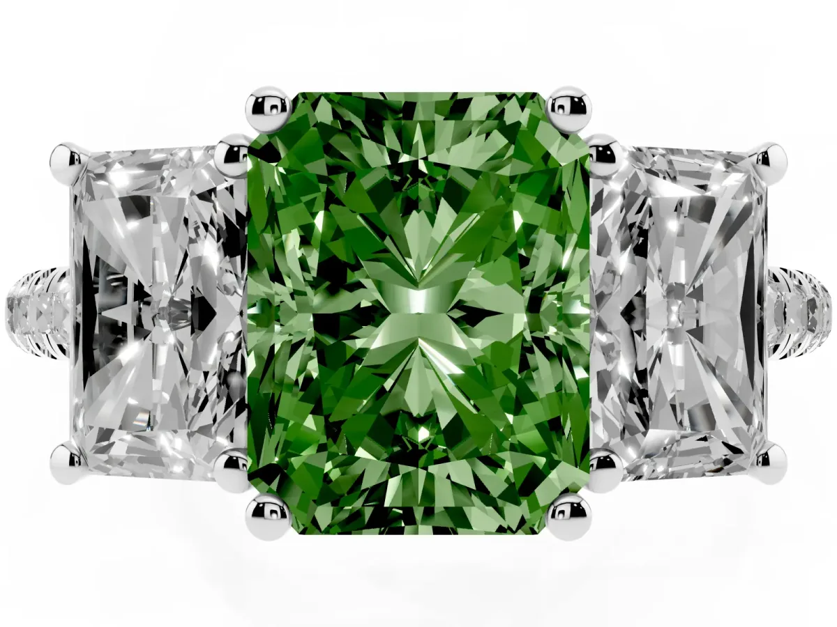 Fancy Green Three-Stone Radiant Cut Diamond Ring with Round Pavé Band and Prong Setting Platinum