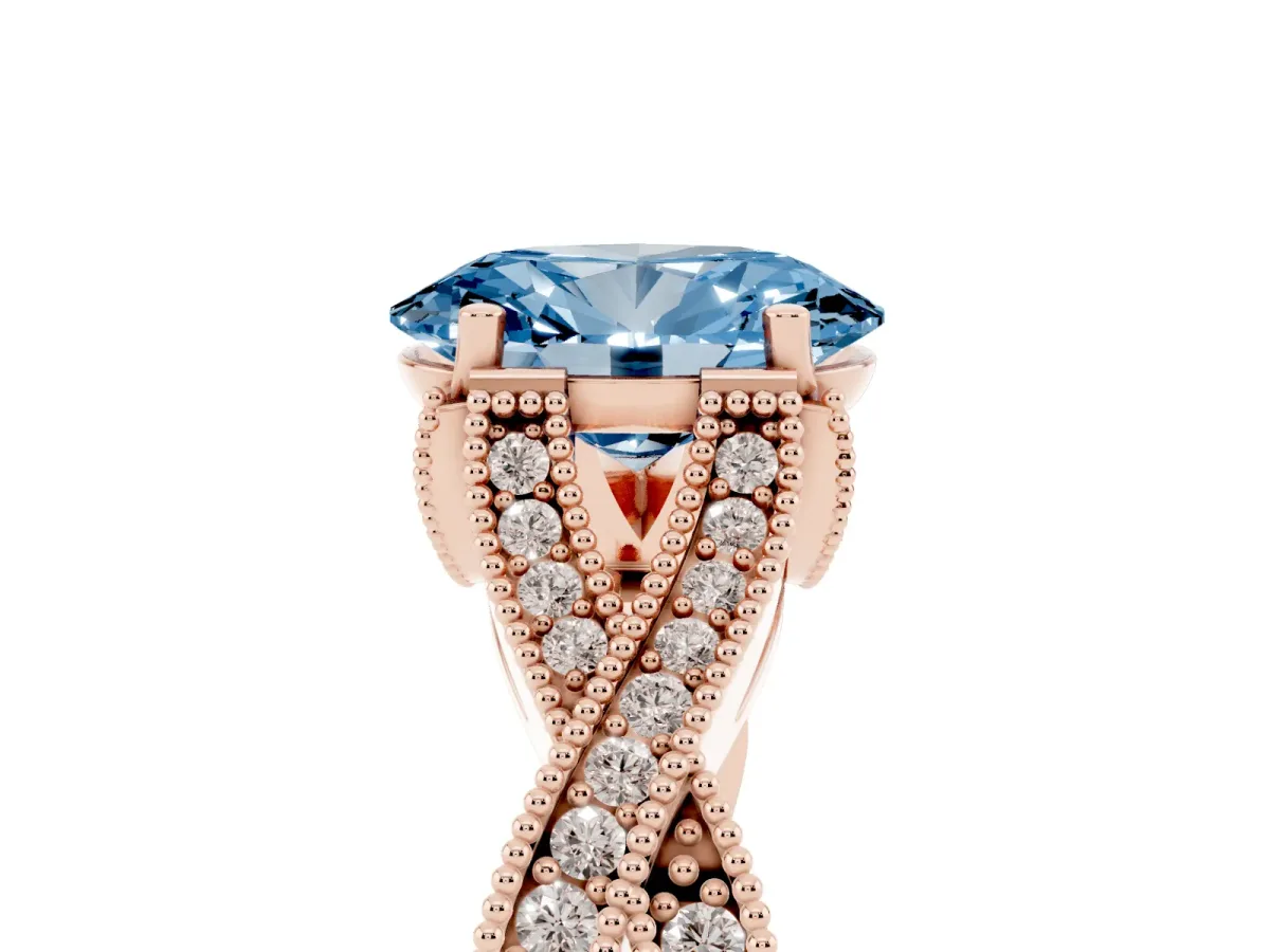 Fancy Blue Oval Cut Cut Diamond Twisted Band with Milgrain Pave Setting and Four-Prong Setting Rose gold