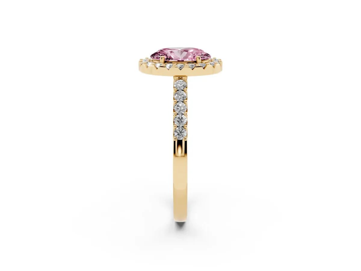 Fancy Pink Oval Cut Halo Diamond Pavé Solitaire Ring Yellow gold