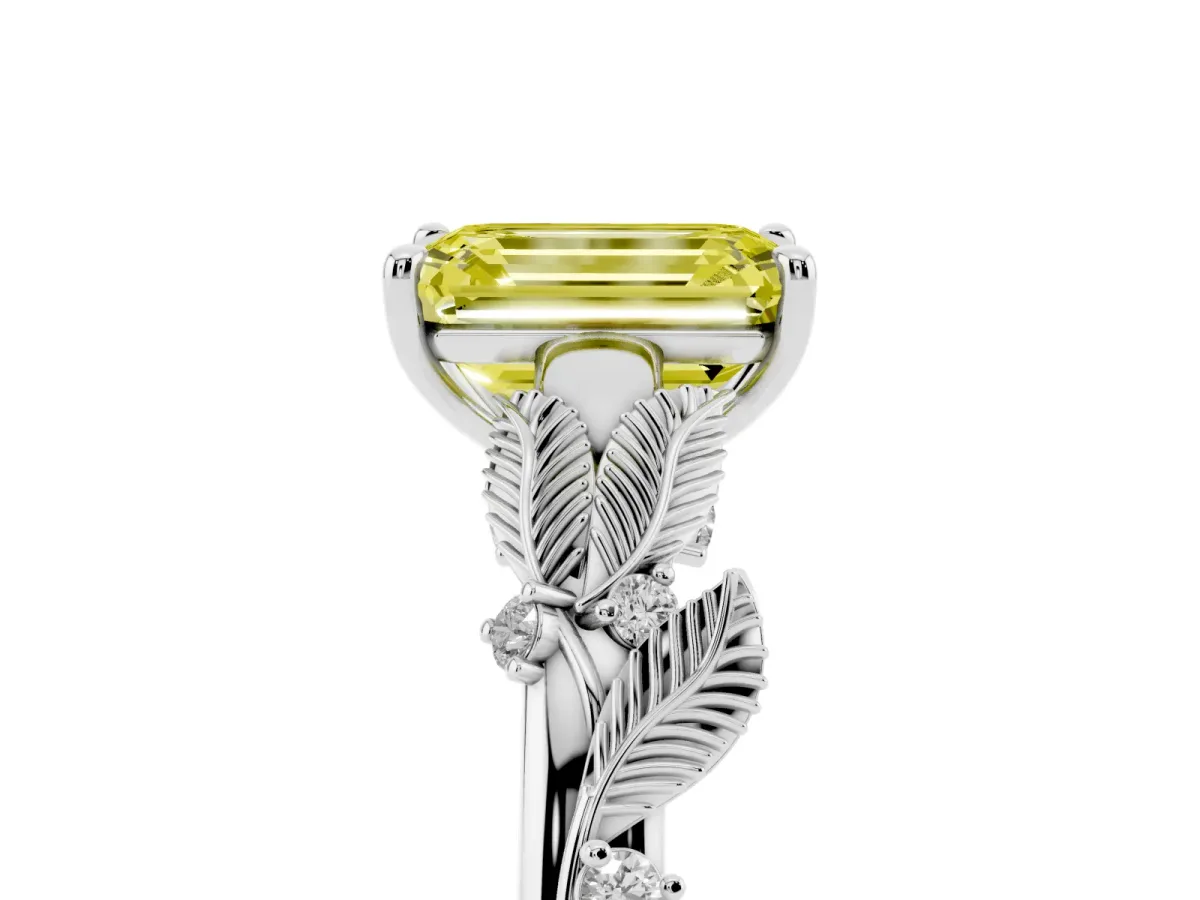 Fancy Yellow Emerald Cut Diamond Solitaire Ring with Leaf Motif Band and Four-Prong Setting Silver