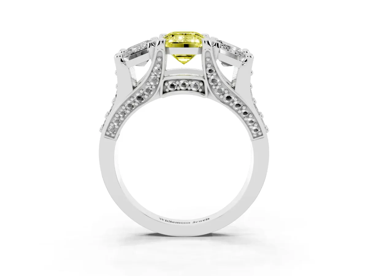 Fancy Yellow Emerald Cut Diamond Three-Stone Ring with Channel Set Band and Four-Prong Setting Platinum