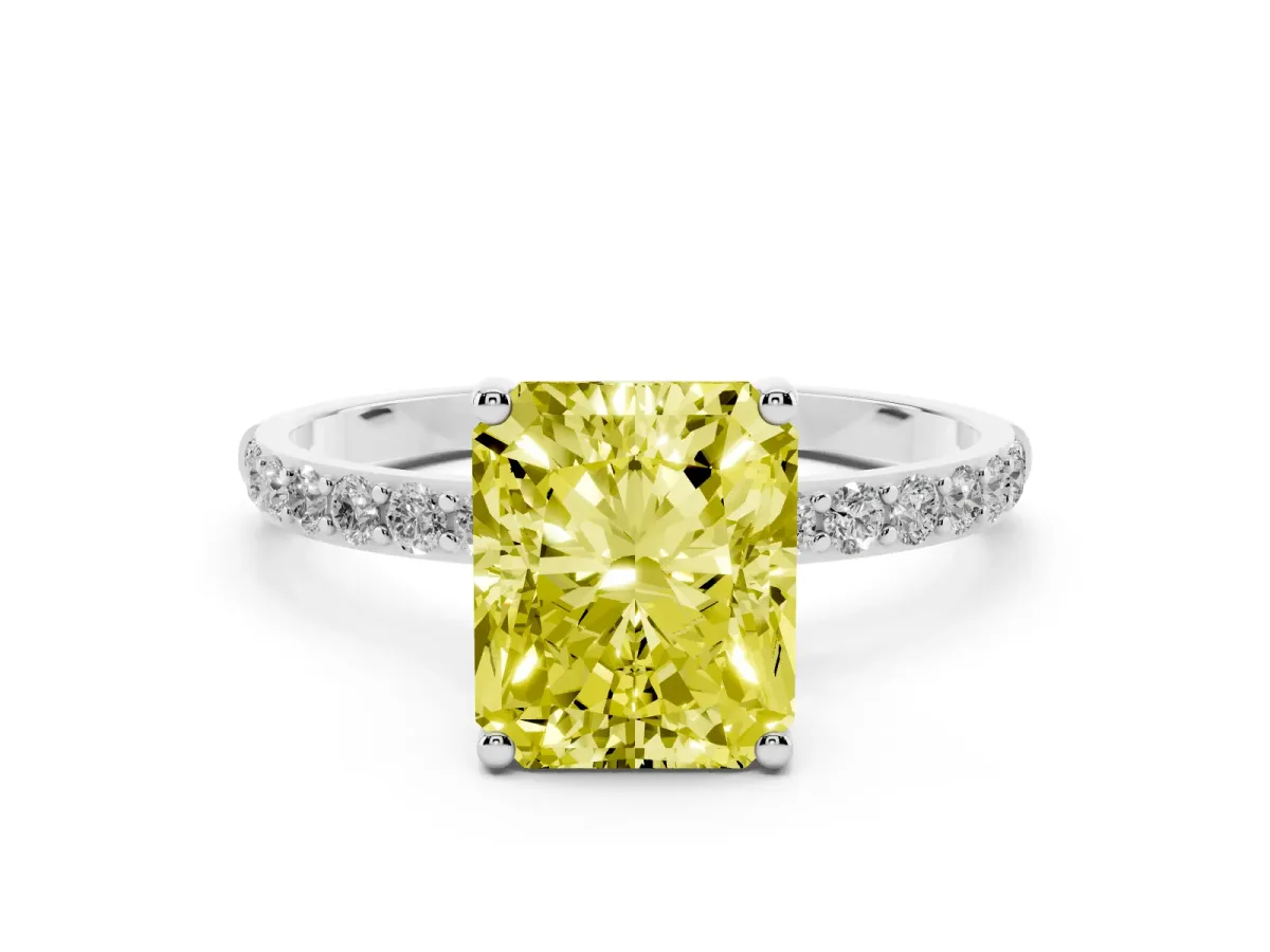 Fancy Yellow Radiant Cut Diamond Solitaire Ring with Round Pavé Shoulders and Prong Setting Silver