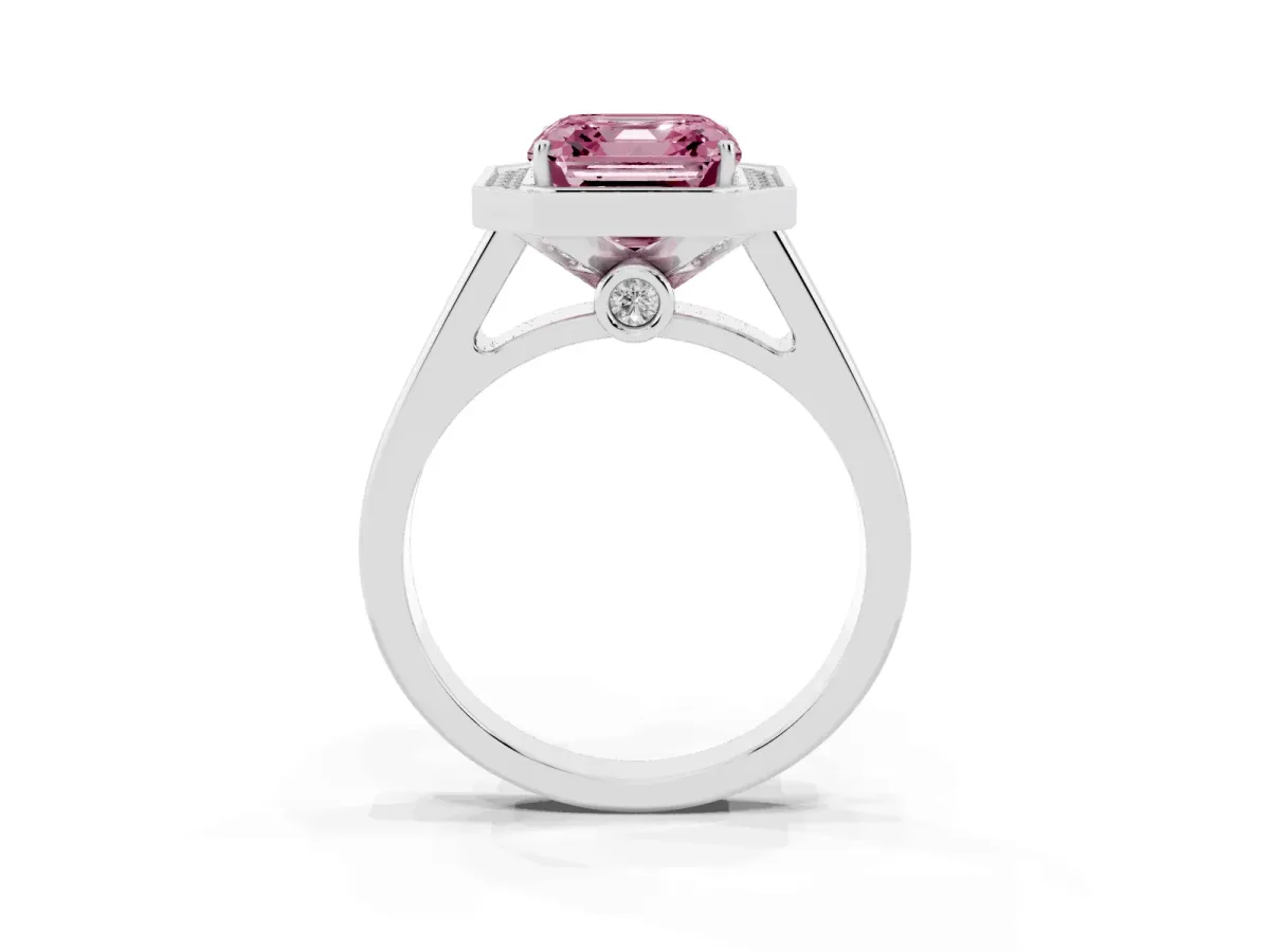 Fancy Pink Asscher Cut Halo Solitaire Diamond Ring with Pave Band and Bezel Setting Silver