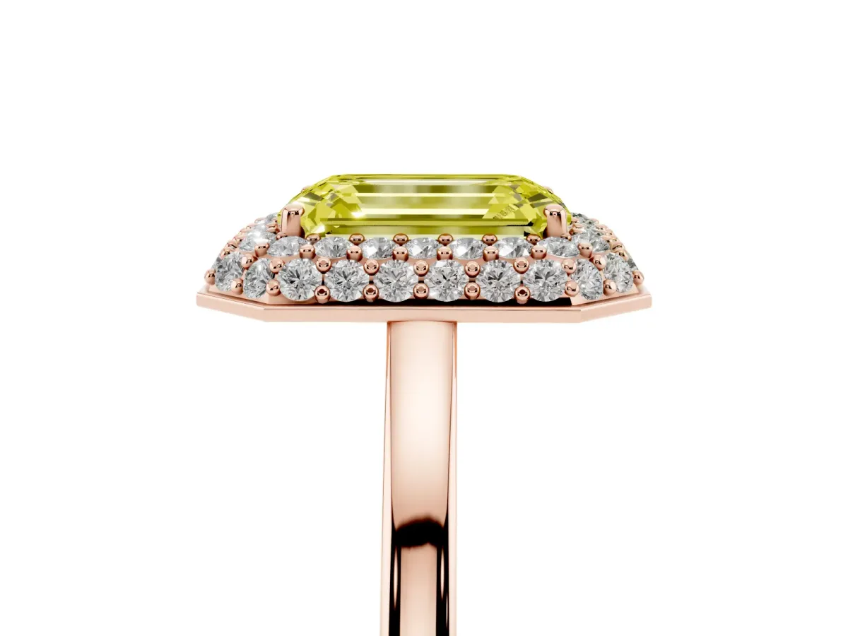 Fancy Yellow Emerald Cut Halo Diamond Engagement Ring with Solitaire Band and Four-Prong Setting Rose gold