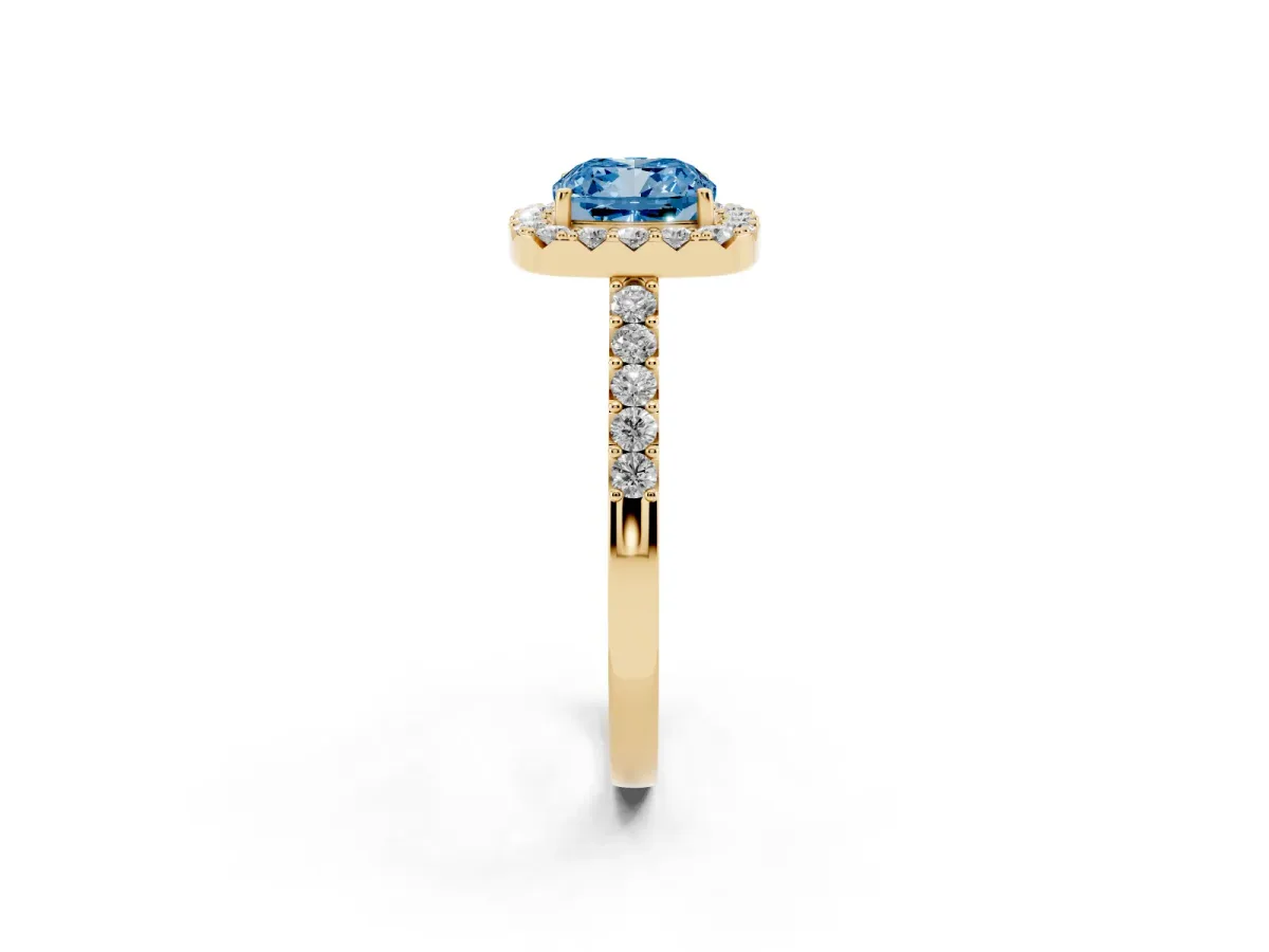 Fancy Blue Cushion Cut Halo Diamond Pavé Solitaire Ring Yellow gold