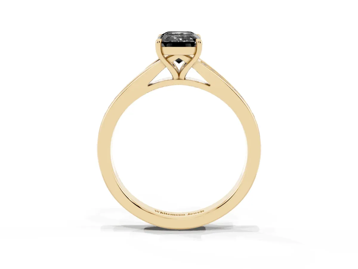 Fancy Black Emerald Cut Diamond Solitaire Ring with Pavé Band and Prong Setting Yellow gold