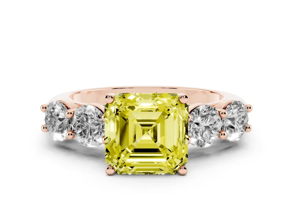 Fancy Yellow Asscher Cut Cut Five-Stone Prong Set Diamond Ring with Classic Band Rose gold