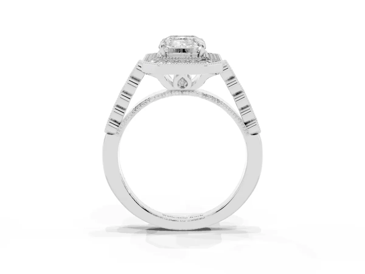 Emerald Cut Halo Milgrain Solitaire with Bezel Set Side Stones and Pave Band White gold